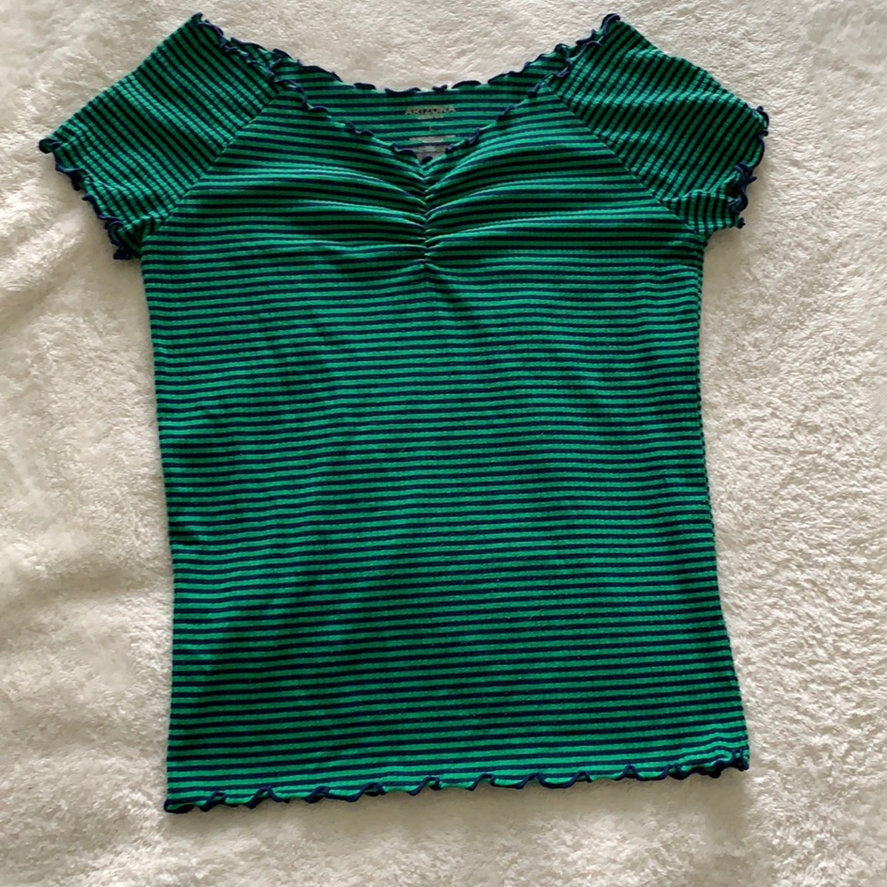 green and navy striped lettuce edge tshirt